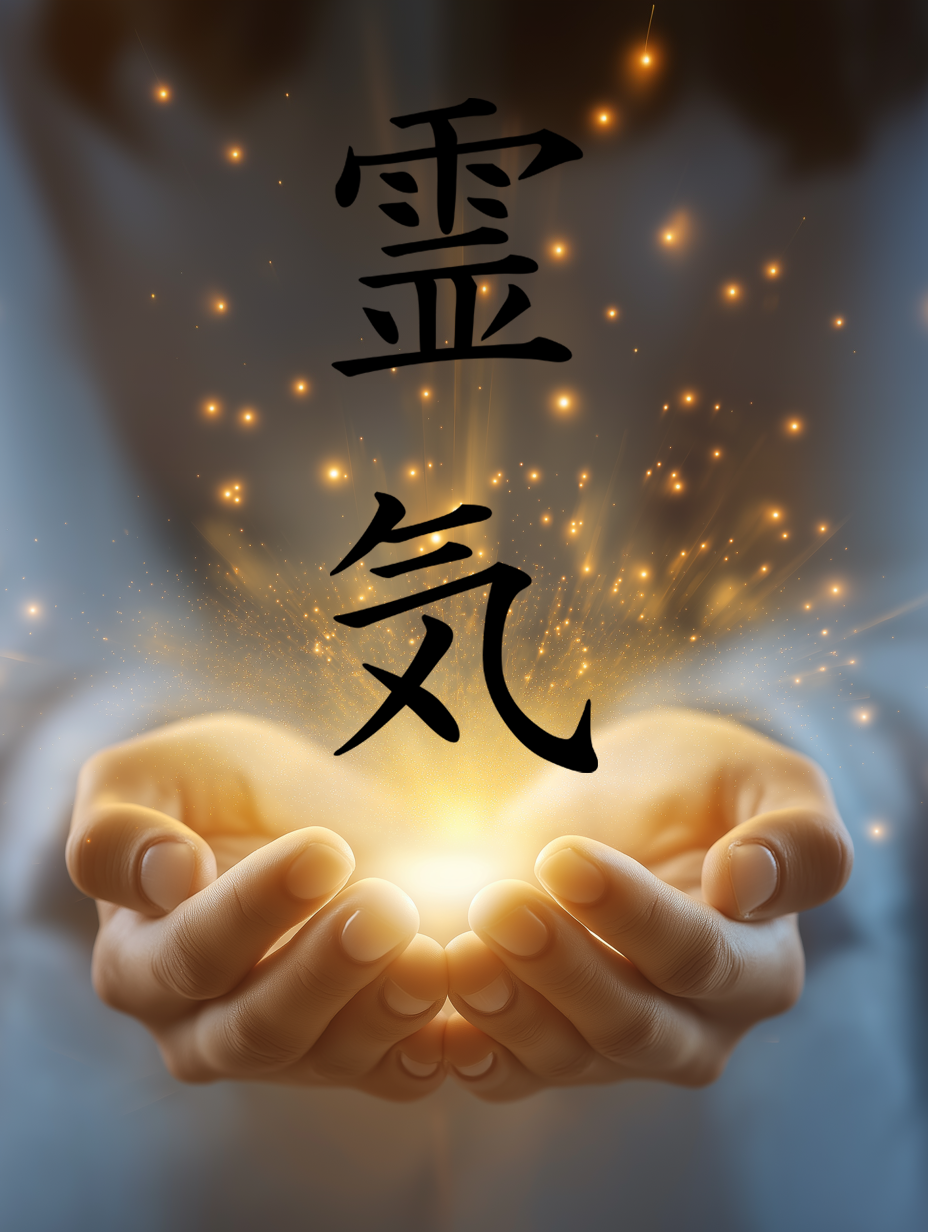 dłonie z symbolem Reiki zapisanym w japońskim piśmie kanji
