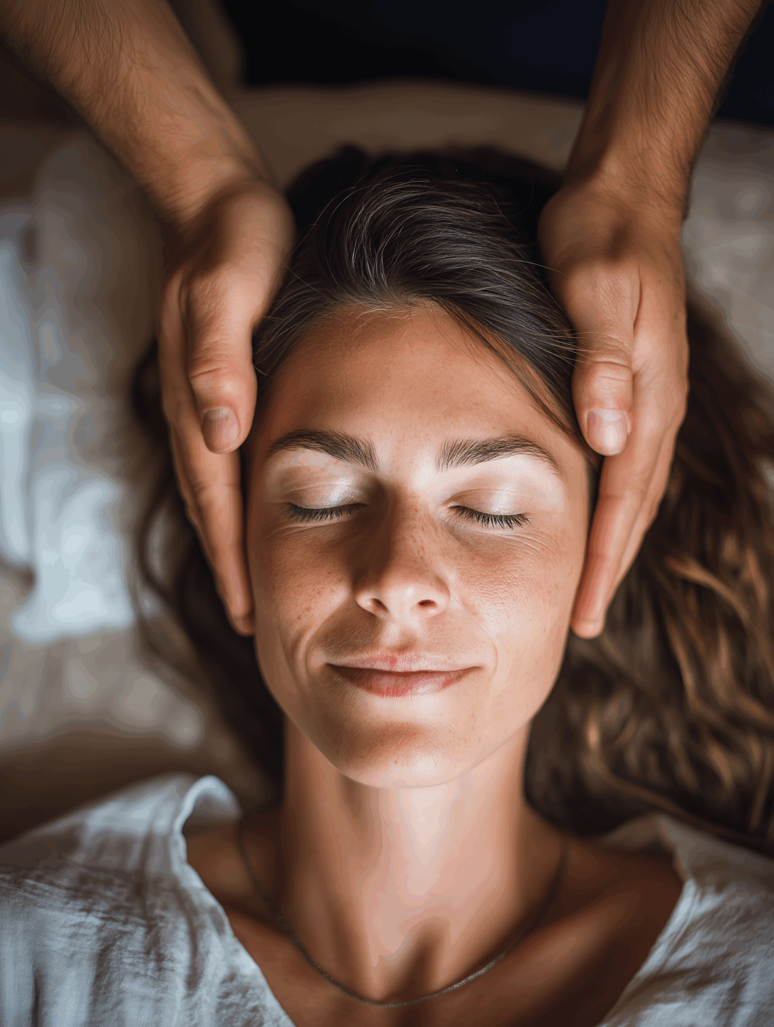 Kobieta z zamkniętymi oczami podczas sesji Reiki, leży spokojnie, a praktyk trzyma dłonie przy jej głowie, tworząc atmosferę relaksu i harmonii.